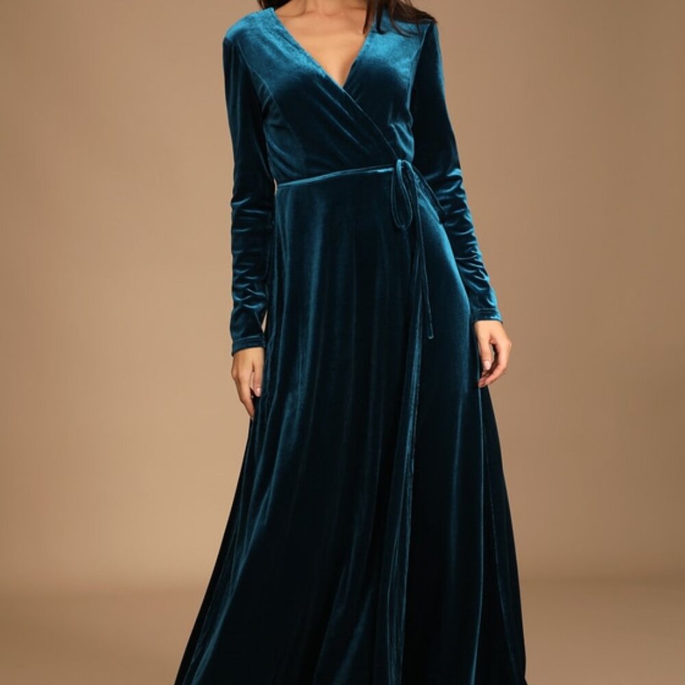 Lulus Jacinda Teal Blue Velvet Wrap Maxi Dress - Size XL - NWT